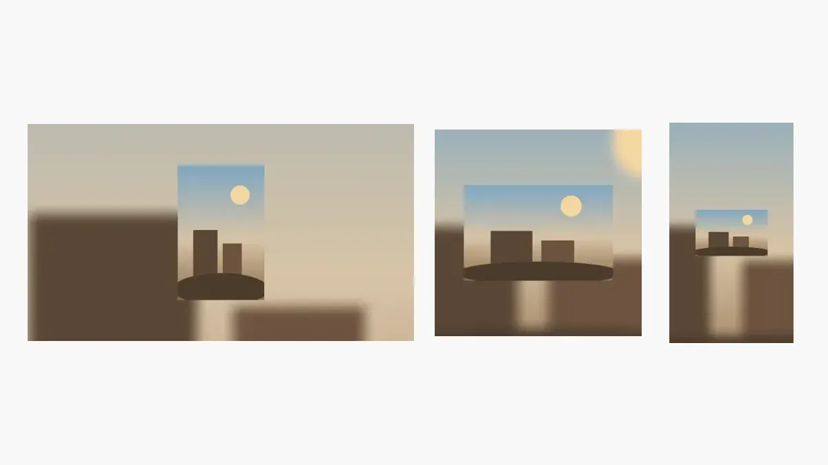 Blurred frame examples in 16:9, 1:1, and 9:16 with side blur around a centered photo