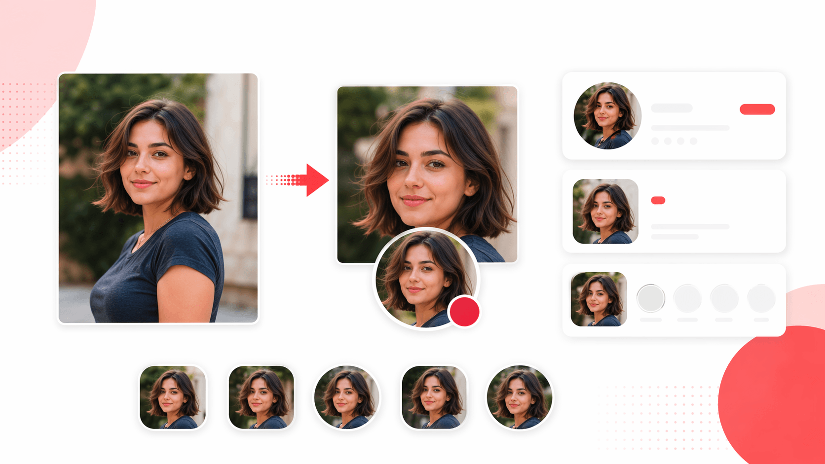 Square profile picture maker showing rounded corners and circle avatar preview around a centered portrait photo
